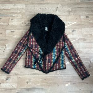 UNIF Southwestern Aztec Tribal Fur Shearling Linda Waterfall Jacket Coat XS
